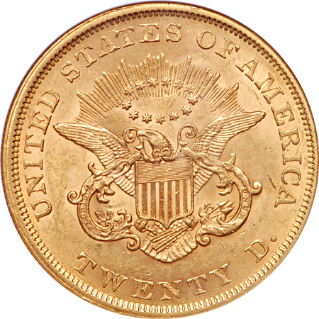 1853 Coronet double eagle, NGC AU-58