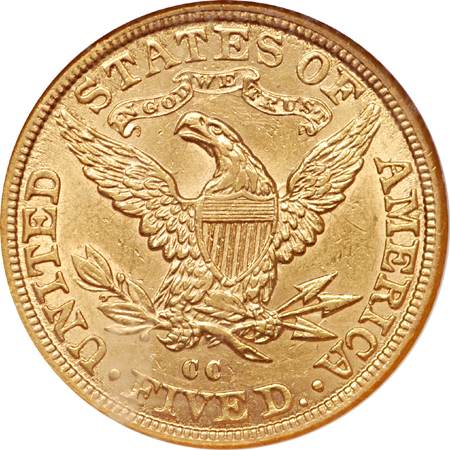 1882-CC Coronet half-eagle, NGC AU-58