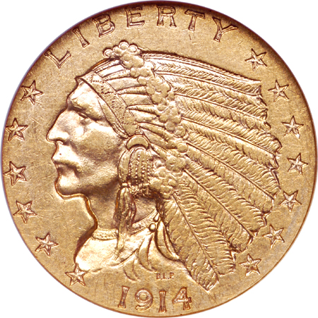 1914-D Indian quarter-eagle, NGC AU-58