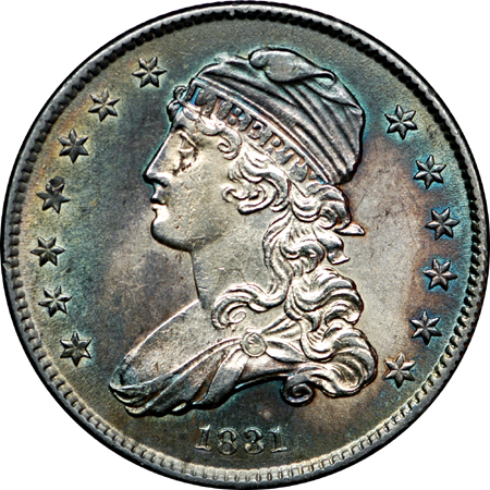 1831 B-1 R.3 Capped Bust quarter Unc. Details.