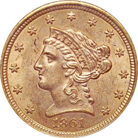 1861 'new reverse' Coronet quarter-eagle, PCGS MS-63