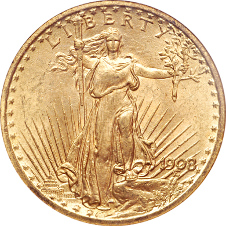 1908 'no motto' Saint-Gaudens double eagle, NGC MS-63