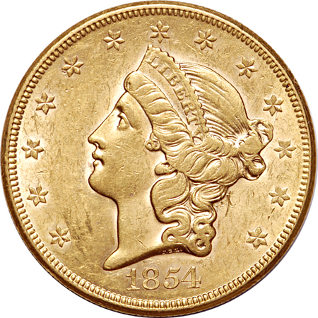 1854 'small date' Coronet double eagle AU-55