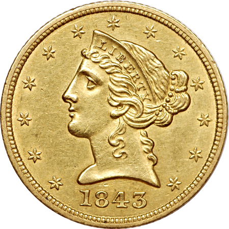 1843 Coronet half-eagle AU-55