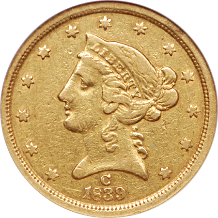 1839-C Coronet half-eagle, NGC VF-35