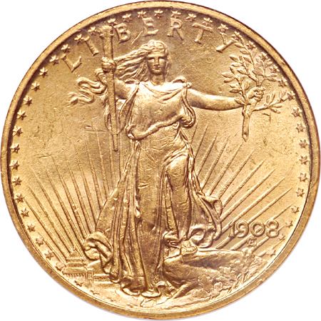 1908 'no motto' Saint-Gaudens double-eagle, NGC MS-63