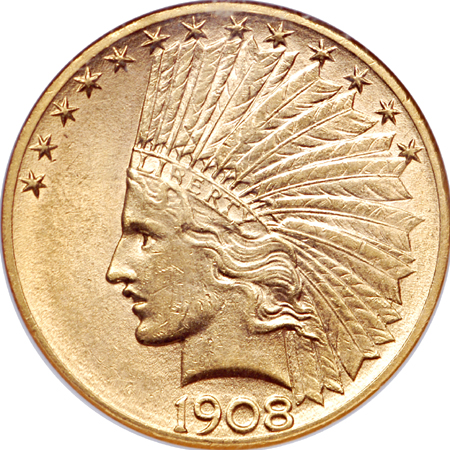 1908-D Indian gold eagle, NGC AU-58