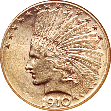 1910-D Indian gold eagle, NGC AU-58