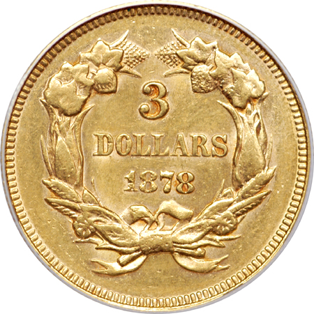 1878 Three-dollar, ANACS AU-58 details, cleaned