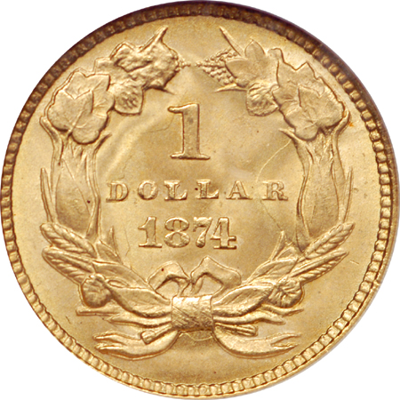 1874 gold dollar, NGC MS-68