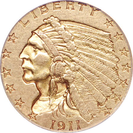 1911-D Indian quarter-eagle, ANACS AU-58 details, cleaned