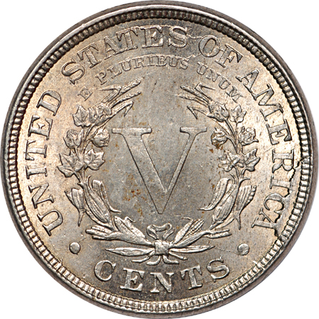 1886 Liberty nickel, reverse rim cud AU-58