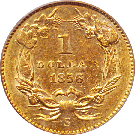 1856-S gold dollar, PCGS AU-58