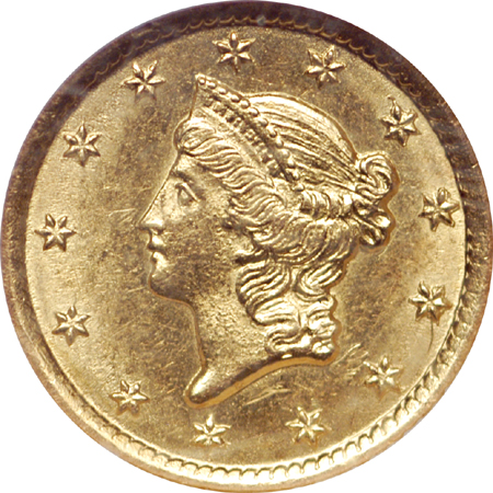 1853-O gold dollar, NGC MS-63