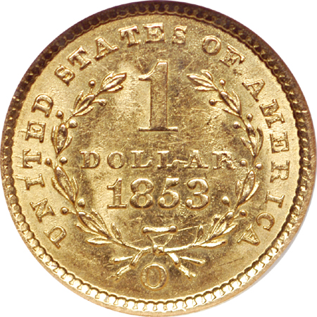 1853-O gold dollar, NGC MS-63