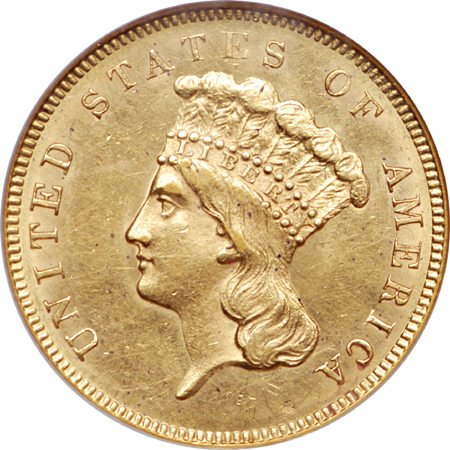 1855 Three dollar, NGC MS-62