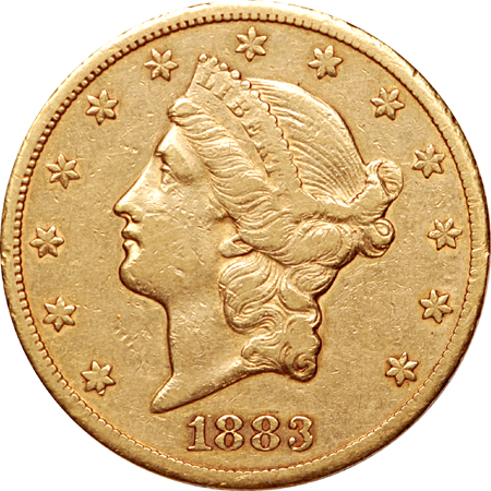 1883-CC Coronet double-eagle with possible double-struck reverse XF.