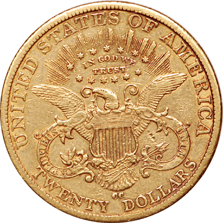 1883-CC Coronet double-eagle with possible double-struck reverse XF.