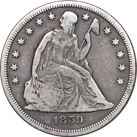 1859-O Seated Liberty dollar F-12