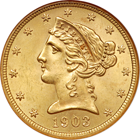 1903-S Coronet half-eagle, NGC MS-64.