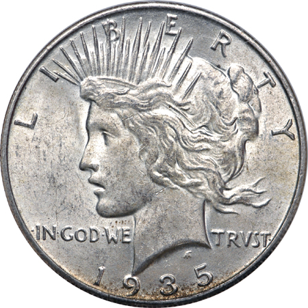 1935-S 'three rays' Peace dollar, NGC MS-62