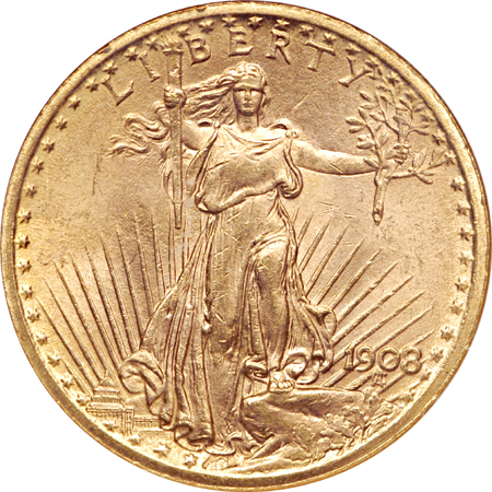 1908 "no motto" Saint-Gaudens double-eagle, NGC MS-64