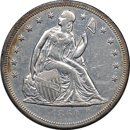 1860-O Seated Liberty dollar, AU-53, very lightly cleaned