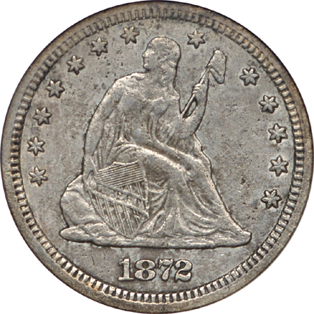 1872-CC Seated Liberty quarter, ANACS XF-40, cleaned, corroded