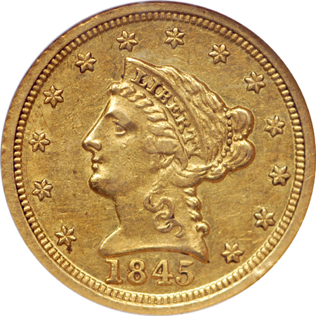 1845-D Coronet quarter-eagle, NGC AU-55