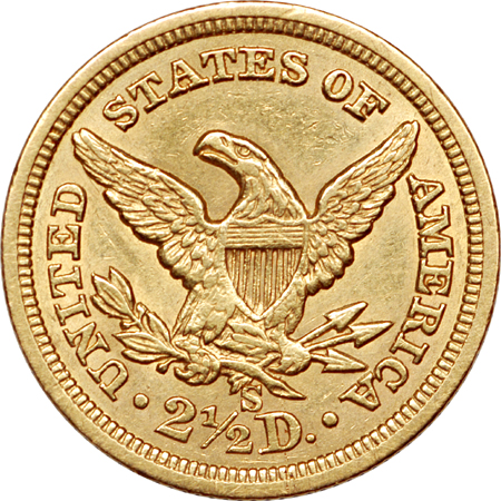 1861-S Coronet quarter-eagle, AU-50 cleaned