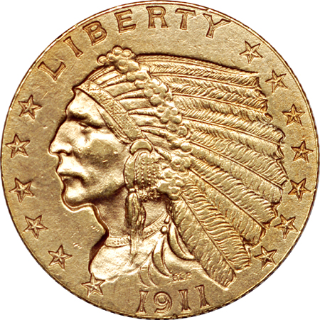 1911-D (strong D) Indian quarter-eagle, AU-55, cleaned, reverse tooled