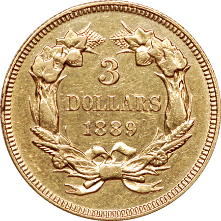 1889 Three dollar, AU-55, cleaned