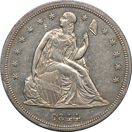 1844 Seated Liberty silver dollar, AU-55