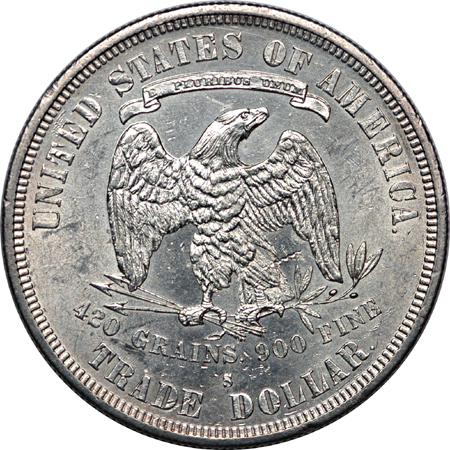 1877-S Trade dollar, MS-60 details, cleaned