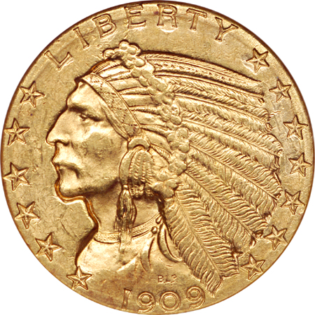 1909-D half-eagle (ANACS MS-61) and 1926 Indian quarter-eagle (NGC AU-58)