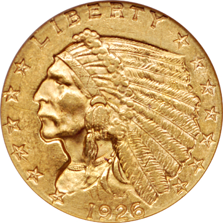 1909-D half-eagle (ANACS MS-61) and 1926 Indian quarter-eagle (NGC AU-58)