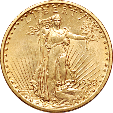 1908 "no motto" Saint-Gaudens double-eagle, MS-63