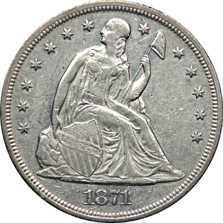 1871 Seated Liberty dollar, AU-50, dipped
