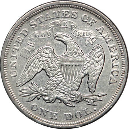 1871 Seated Liberty dollar, AU-50, dipped