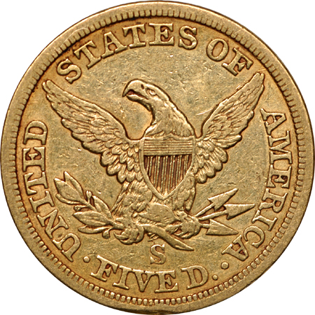 1866-S "no motto" Coronet half-eagle, VF-35, scratched