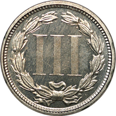 1873 Three cent nickel, PR-64 "near cameo"