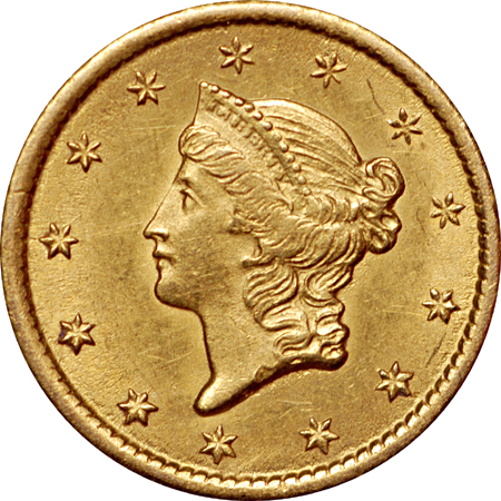 1851-O gold dollar, MS-60, cleaned