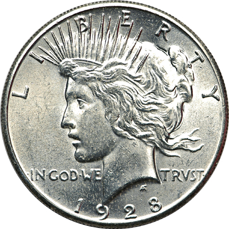 1928 Peace dollar, MS-60, dipped