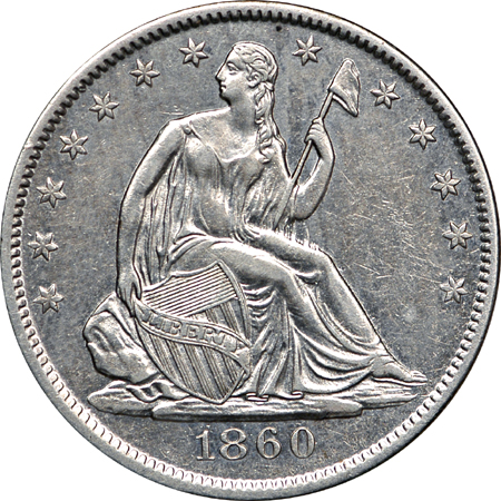 1860-O Seated Liberty half-dollar and 1875-S Twenty cent