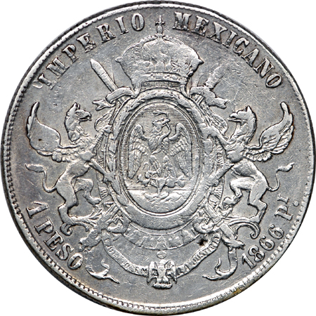 Four (Mexico) coin lot of 1866-7 Emperor Maximilian silver coins