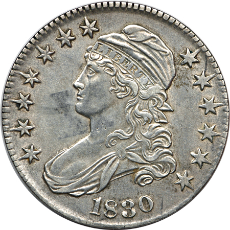 1830 Capped Bust half-dollar, XF-40, cleaned