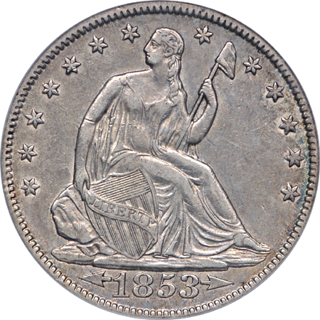 1853 "A&R" Seated Liberty half-dollar, PCGS XF-45