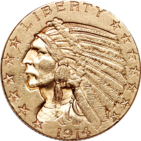 1914-D Indian half-eagle AU-50.