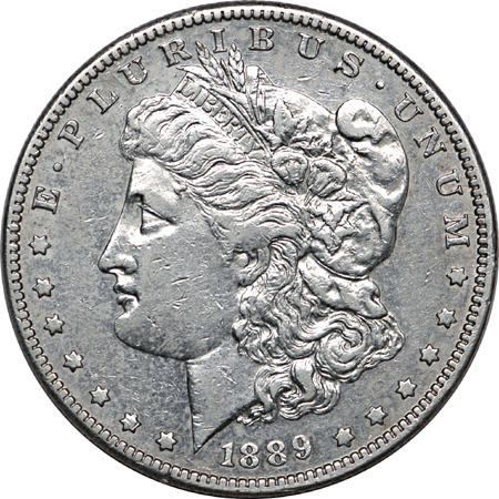 1889-CC Morgan dollar EF-40 details, cleaned.