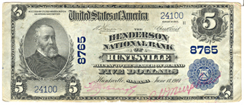 1902 $5.00. Huntsville, AL Charter# 8765 Blue Seal. F.